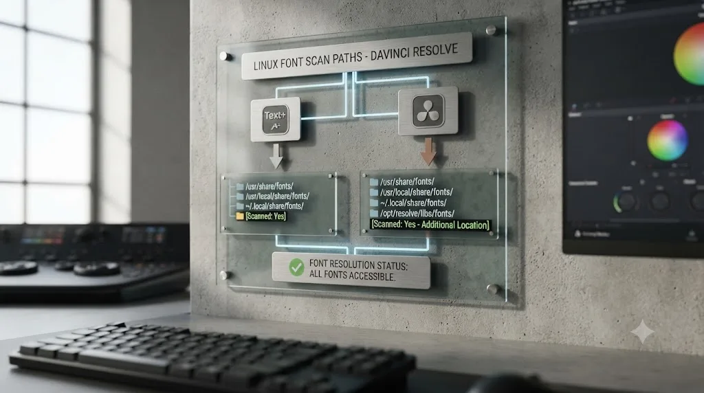 Illustration of Linux font folder paths showing DaVinci Resolve's Text and Text plus objects scanning different locations