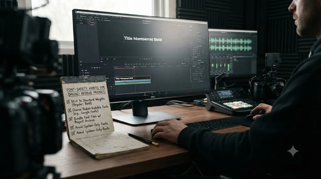 Illustration of a checklist for choosing DaVinci Resolve fonts that survive being shared between machines