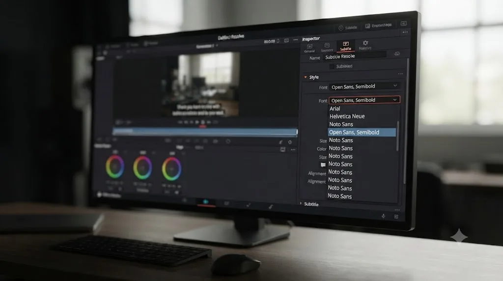 Illustration of a DaVinci Resolve subtitle track Inspector panel showing its own separate font field