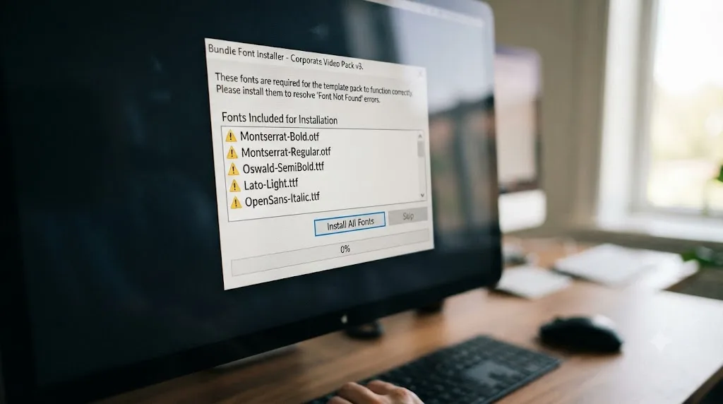 Illustration of a downloaded DaVinci Resolve template pack's font installer listing bundled fonts