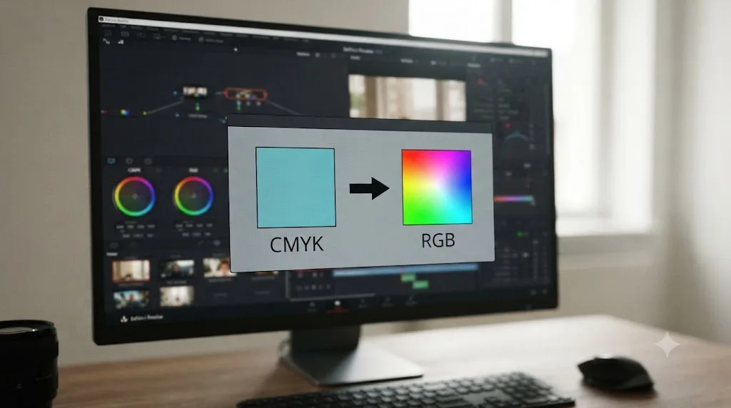 Illustration of two labeled color swatches converting from CMYK to RGB