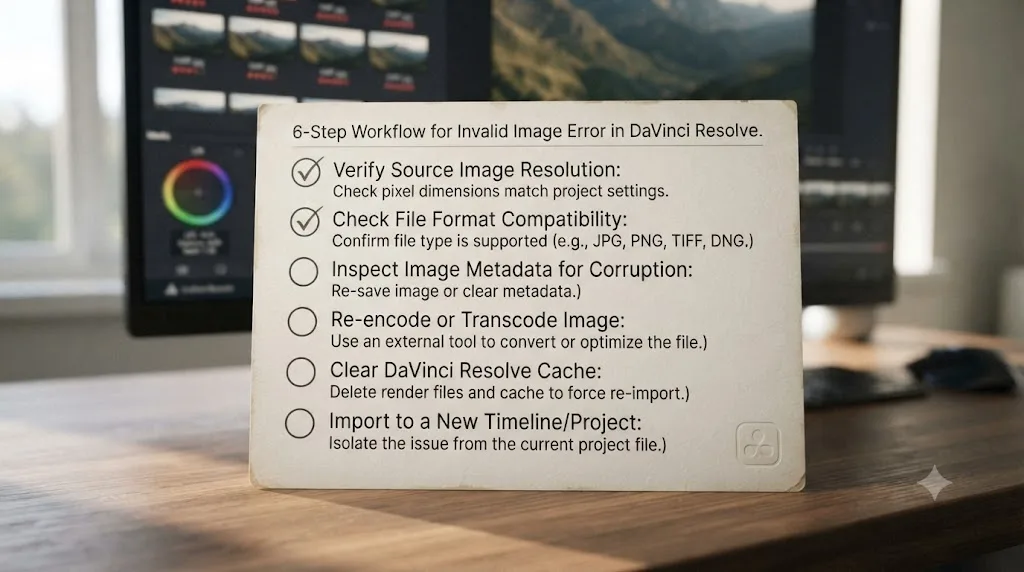 Illustration of a numbered checklist for fixing an invalid image size or format error