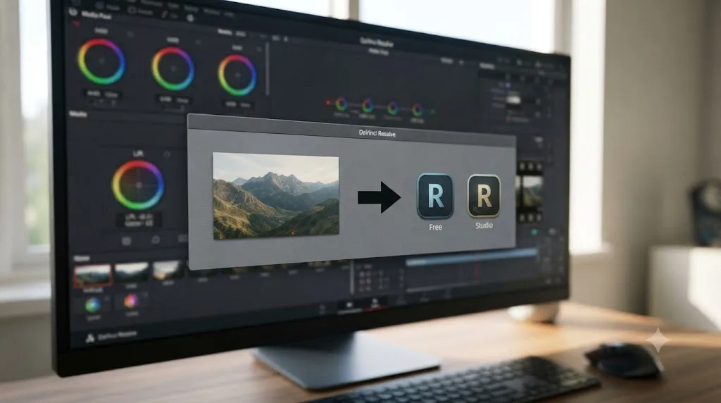 Illustration of two DaVinci Resolve edition icons next to a still image thumbnail and export arrow