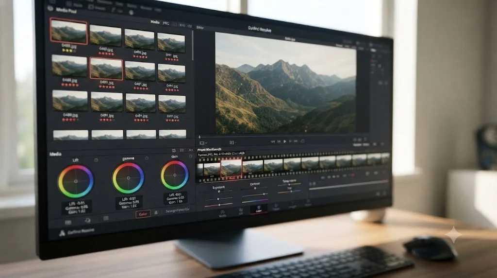 Illustration of a dedicated photo editing workspace with thumbnails and color grading tools inside DaVinci Resolve