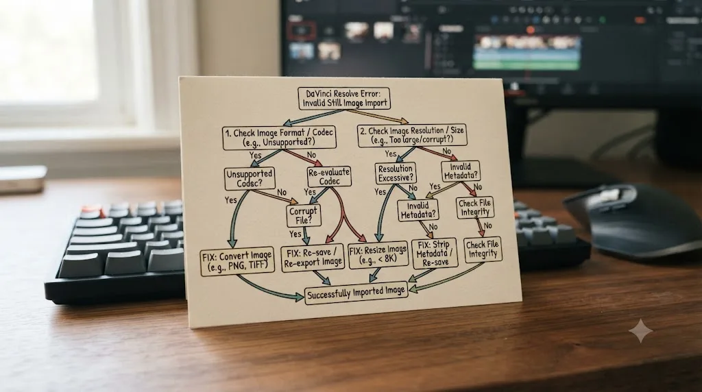 Illustration of a troubleshooting flowchart card for a persistent still image import error