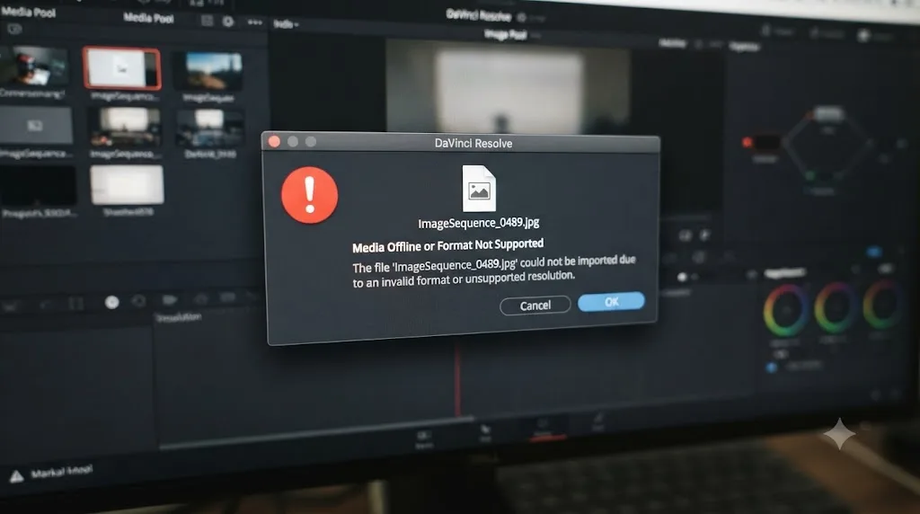 Illustration of a red warning dialog beside a still image file icon representing a rejected import