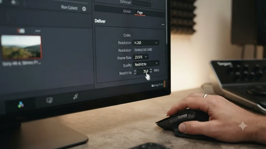 Illustration of the Restrict To bitrate field in DaVinci Resolve being lowered toward a working export range