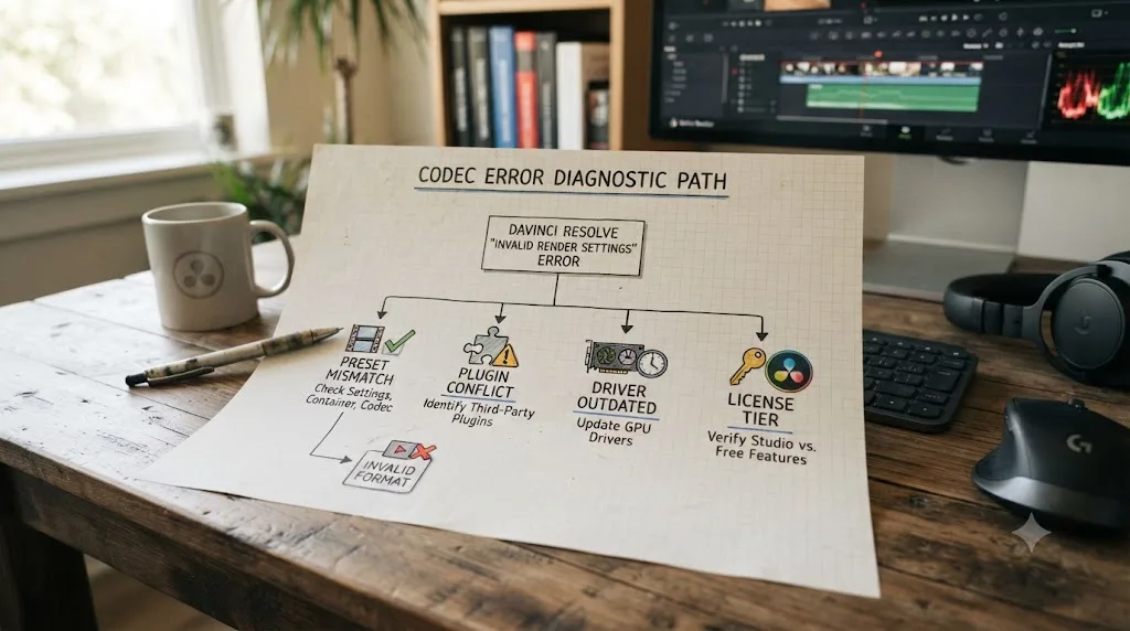 Illustration of a diagnostic flowchart splitting a DaVinci Resolve codec error into separate cause branches