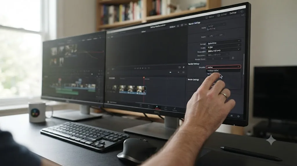 Illustration of the Encoder setting switched from a GPU hardware option to Native in DaVinci Resolve export settings