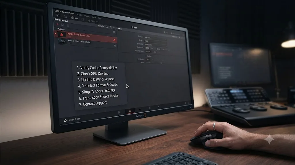 Illustration of a numbered troubleshooting checklist beside a DaVinci Resolve Deliver page render queue