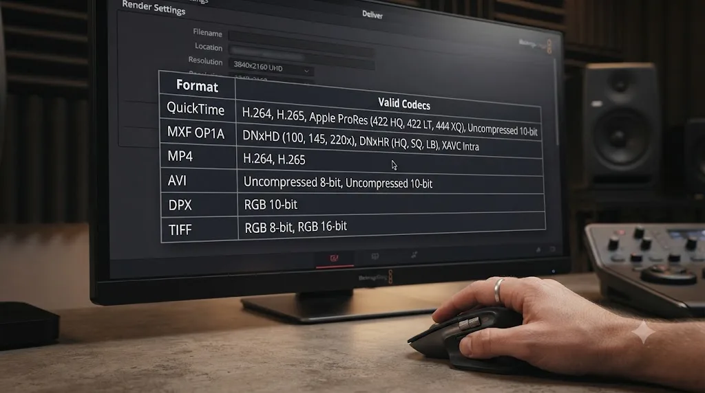 Illustration of a DaVinci Resolve Format and Codec pairing reference table on the Deliver page