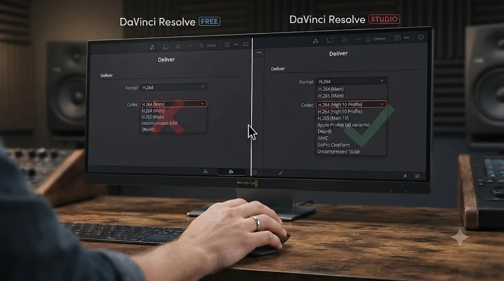 Illustration comparing DaVinci Resolve free and Studio editions and their available codec paths on Windows