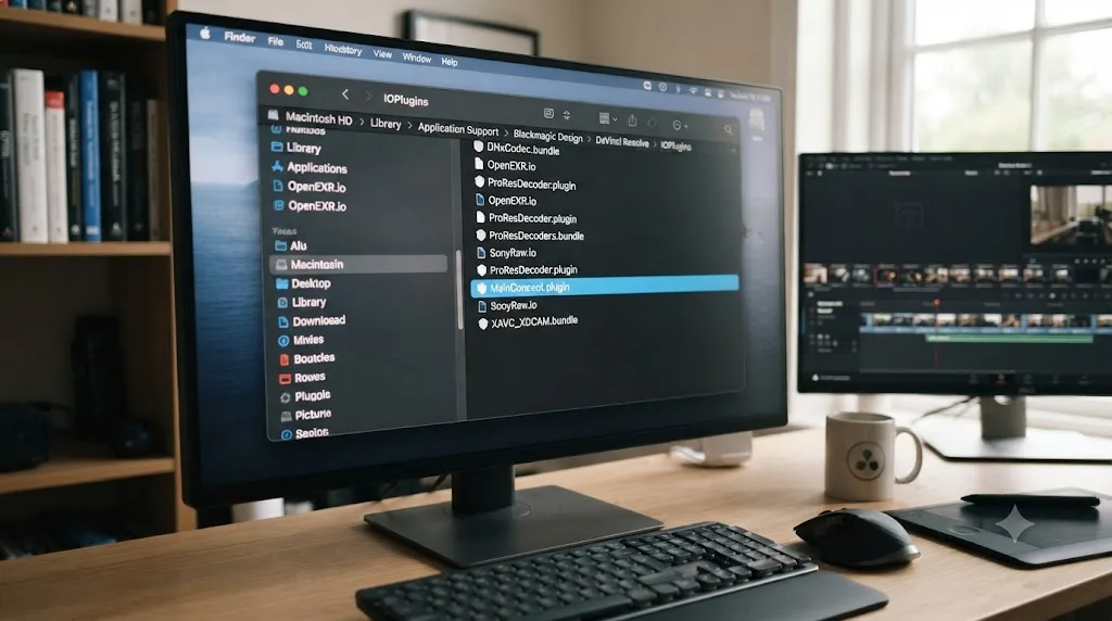 Illustration of a DaVinci Resolve IOPlugins folder with a third-party codec plugin file highlighted