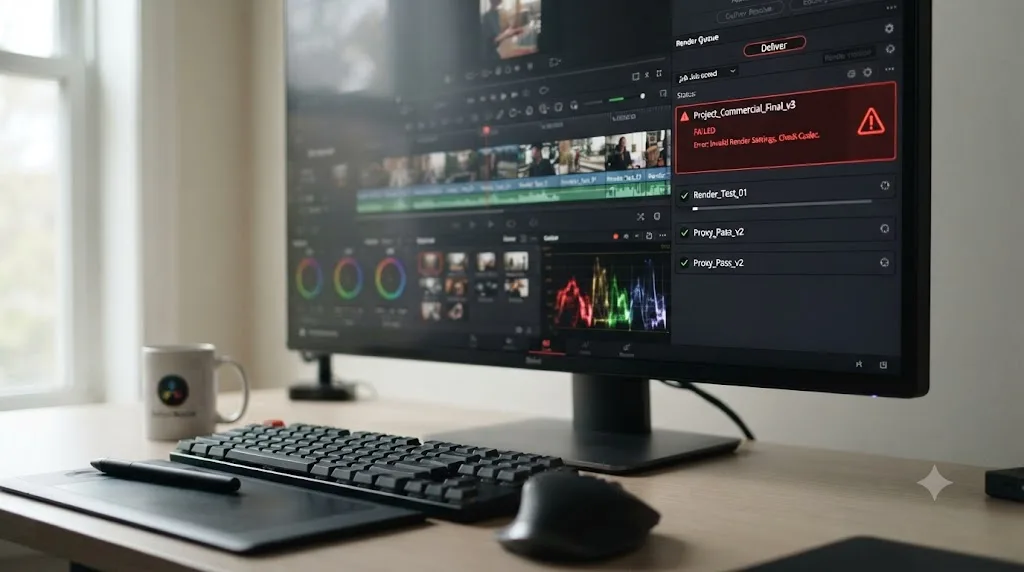 Illustration of a DaVinci Resolve render queue displaying a failed job with a codec error warning