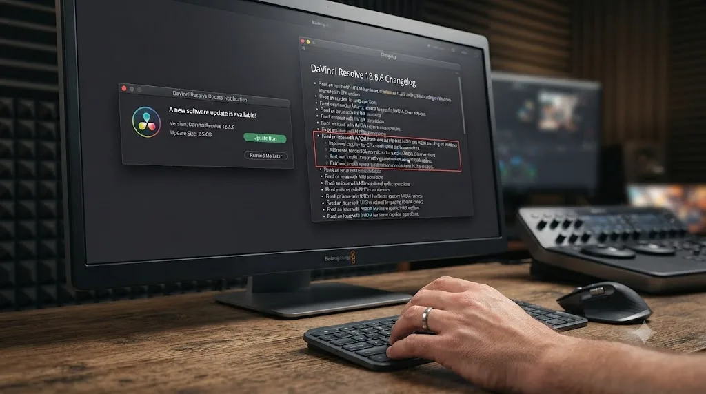 Illustration of a DaVinci Resolve update notification next to a changelog listing NVIDIA codec fixes
