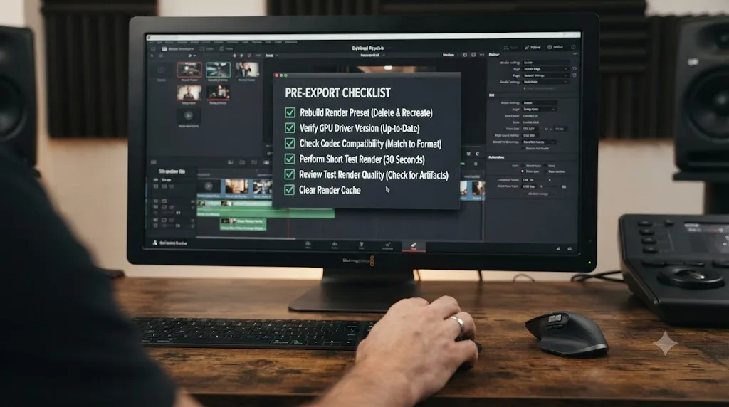 Illustration of a pre-export checklist for preset rebuilds and test renders before a DaVinci Resolve export