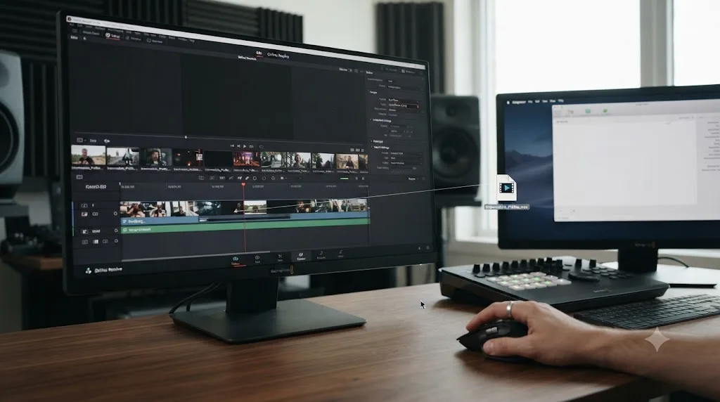 Illustration of a DaVinci Resolve ProRes export being handed to a separate application for final codec transcoding