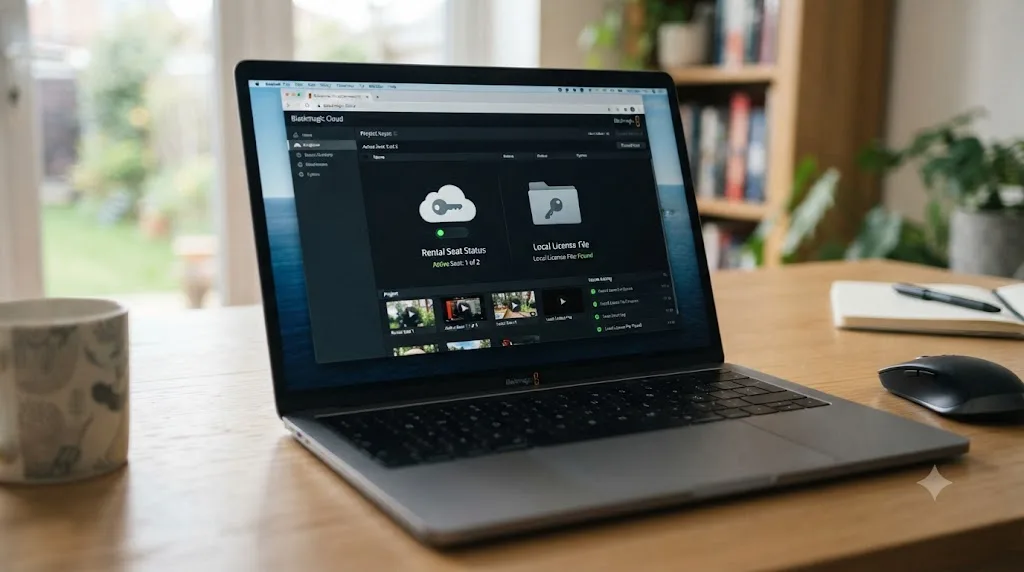 Illustration of a Blackmagic Cloud dashboard showing a rental seat status next to a local license file icon