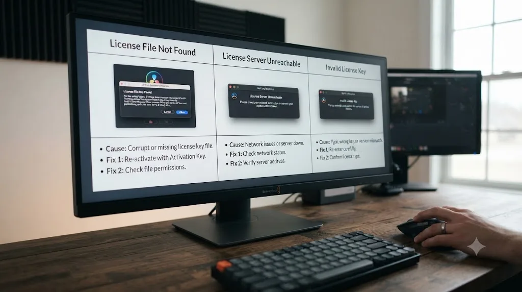 Illustration of a comparison chart distinguishing three similar DaVinci Resolve license error messages
