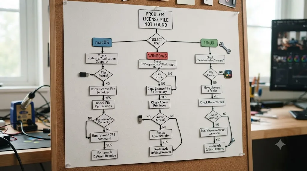 Illustration of a decision tree flowchart mapping license file not found symptoms to their correct fixes by operating system