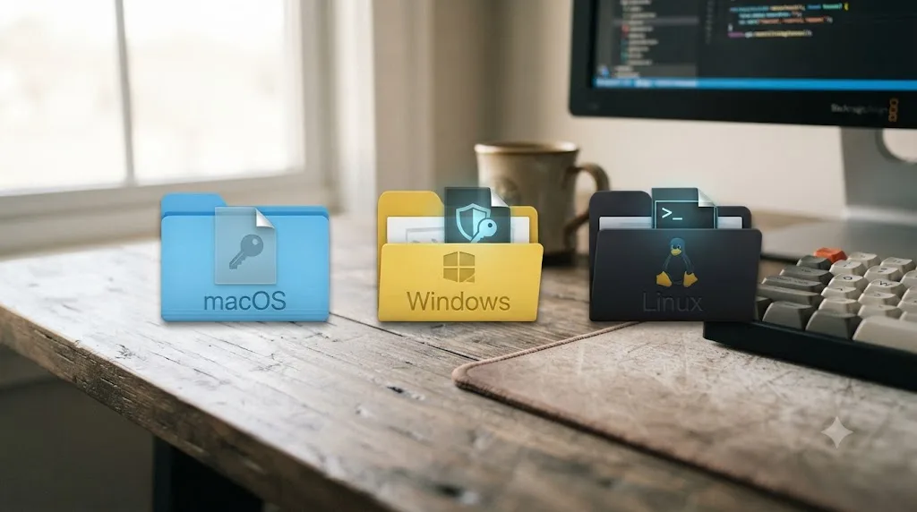 Illustration of three folder icons labeled macOS, Windows, and Linux each containing a hidden license file