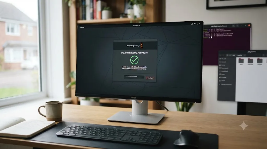 Illustration of a Linux desktop showing the DaVinci Resolve activation window appearing after a license directory fix