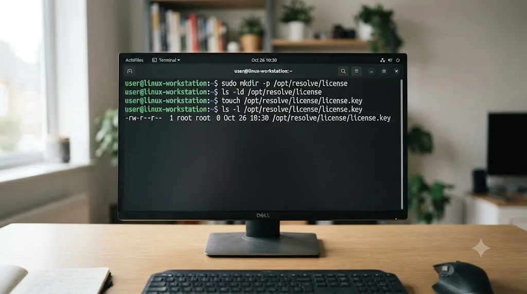 Illustration of a terminal window showing a Linux mkdir command creating a missing DaVinci Resolve license directory