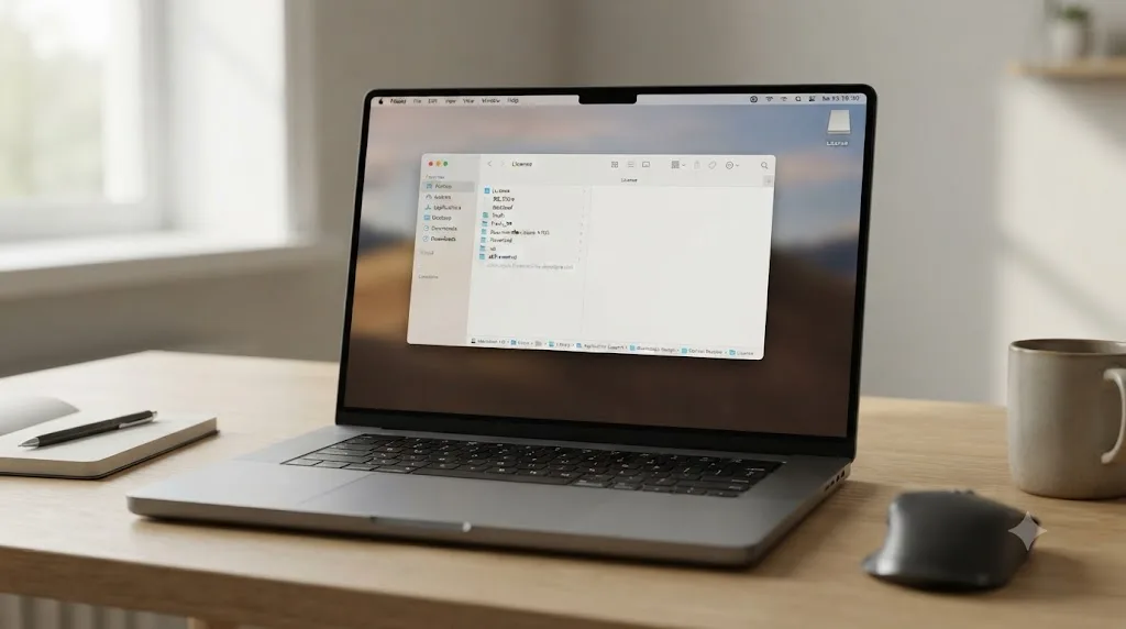 Illustration of a macOS Finder window with hidden files revealed showing an empty Blackmagic Design license folder