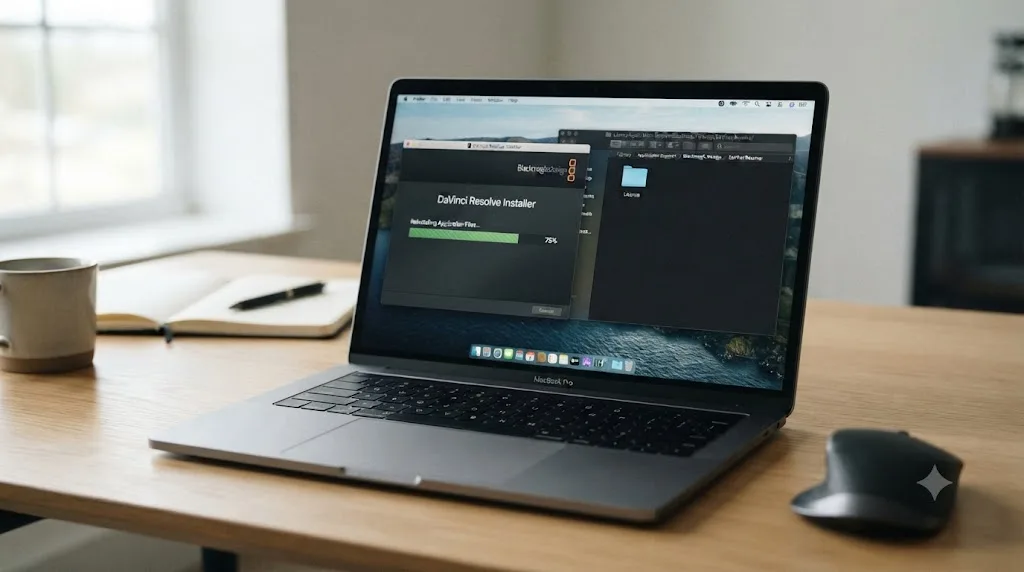 Illustration of a DaVinci Resolve reinstall progress bar next to an unchanged license folder icon