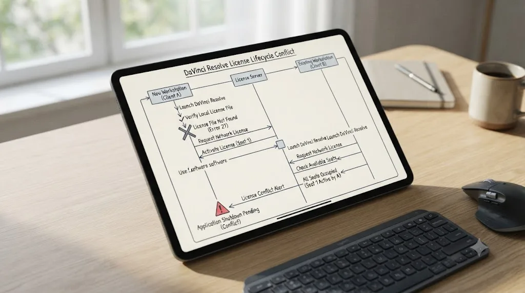 Illustration of a sequence diagram showing a new machine missing its license file then hitting an already in use conflict