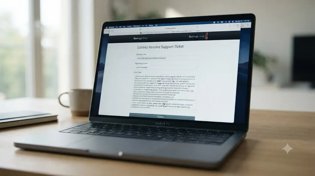 Illustration of a support ticket form being submitted with an activation key, operating system, and error text to Blackmagic