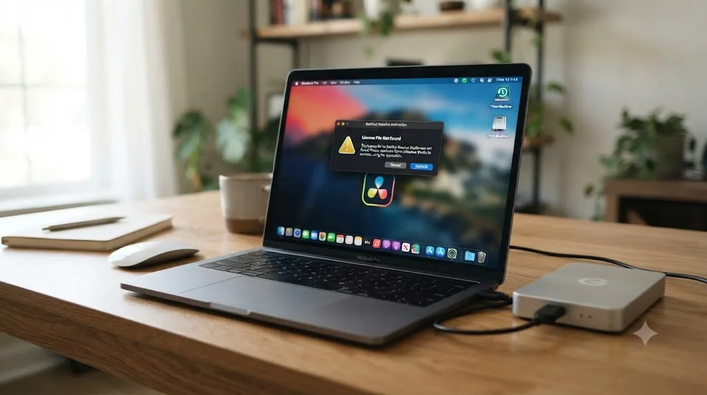 Illustration of a Time Machine backup icon connected to a Mac with a DaVinci Resolve activation prompt reappearing after restore