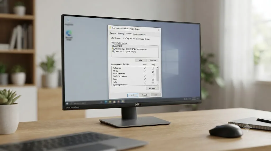 Illustration of a Windows File Explorer security permissions dialog for the ProgramData Blackmagic Design folder