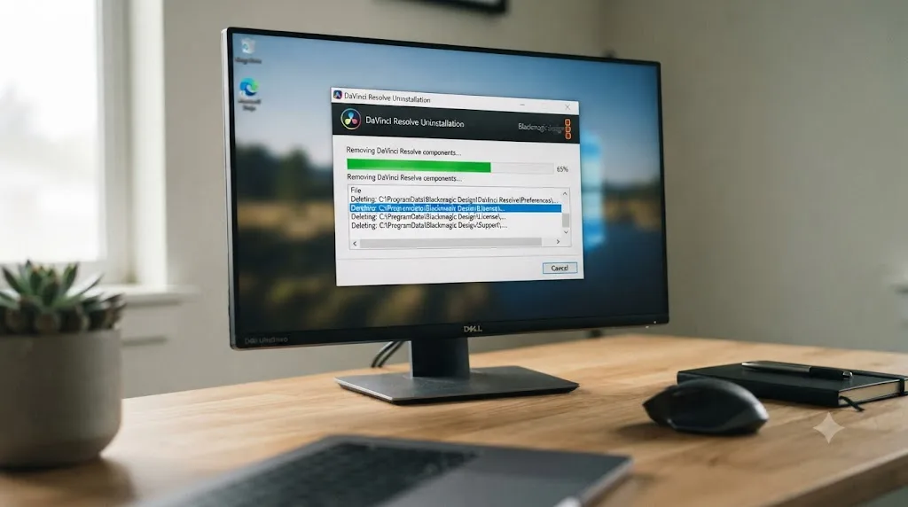 Illustration of a Windows uninstaller progress screen removing DaVinci Resolve alongside leftover ProgramData folders