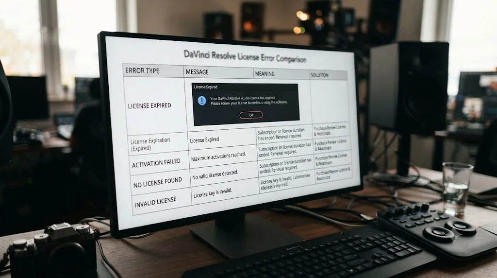 Illustration of a comparison chart distinguishing a license has expired message from other similar DaVinci Resolve license errors