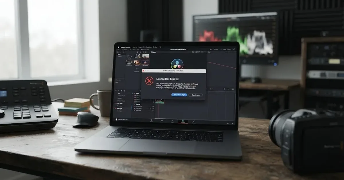Illustration of a DaVinci Resolve activation window displaying a license has expired error message