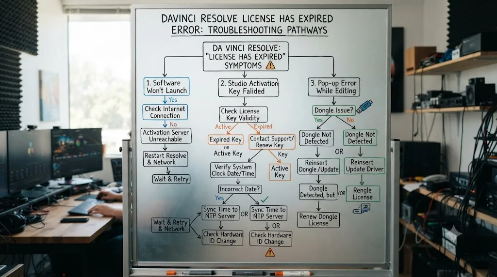 Illustration of a decision tree flowchart mapping license has expired symptoms to their correct fixes