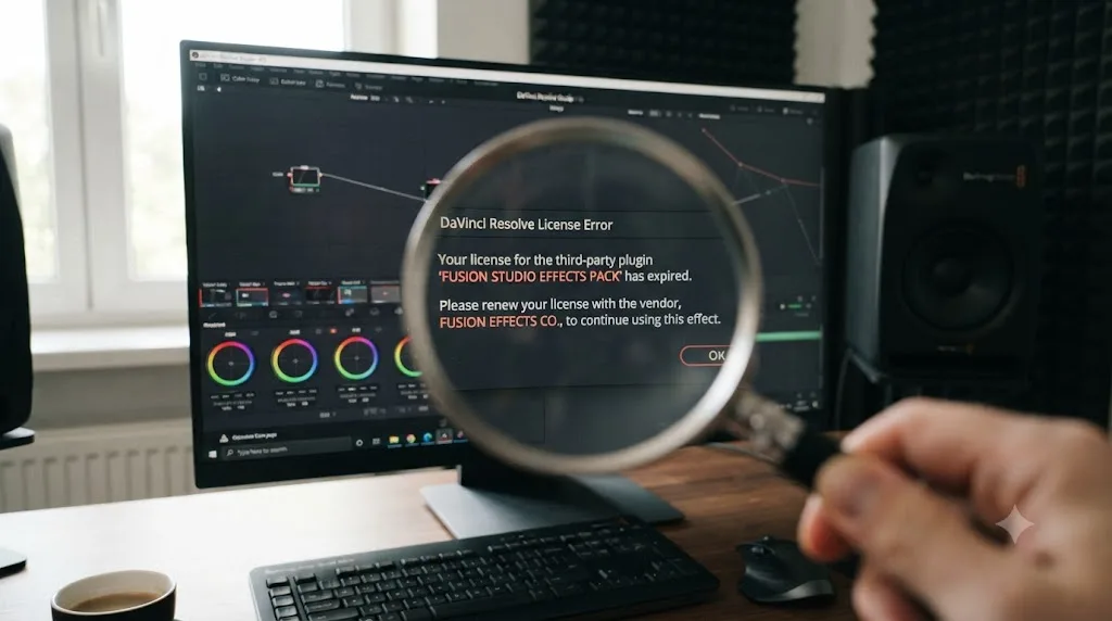 Illustration of a magnifying glass over a DaVinci Resolve error dialog highlighting a plugin brand name within the message