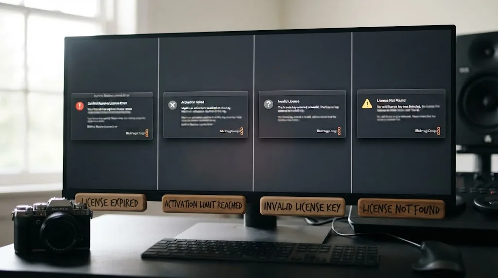 Illustration of a side by side comparison of four different DaVinci Resolve license error dialogs with labels