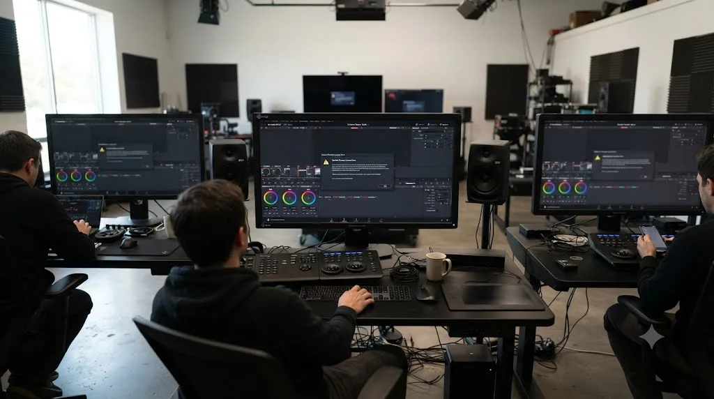 Illustration of a shared post-production edit bay with multiple workstations showing the same expired license error