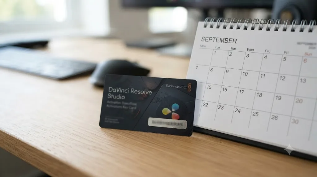 Illustration of a DaVinci Resolve Studio activation key card next to a calendar with no expiration date marked