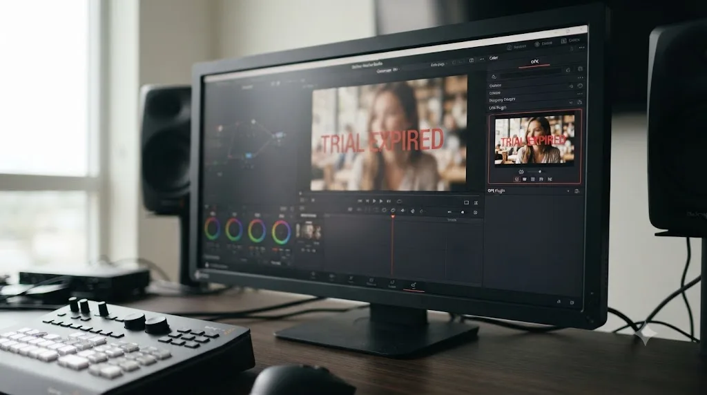 Illustration of an OFX plugin panel inside DaVinci Resolve's Color page showing a trial expired watermark on the preview