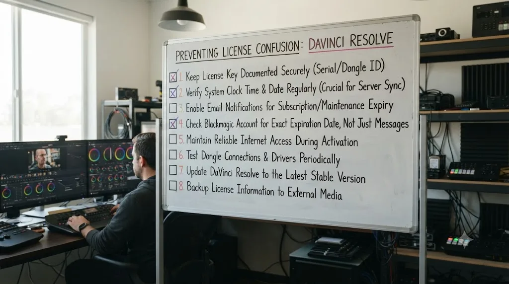 Illustration of a checklist of habits for preventing confusion around DaVinci Resolve license expiration messages