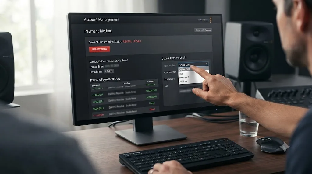 Illustration of a payment method being updated inside a Blackmagic Cloud account dashboard to renew a lapsed rental