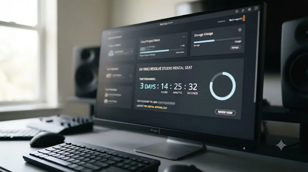 Illustration of a Blackmagic Cloud dashboard showing a DaVinci Resolve Studio rental seat with a renewal countdown