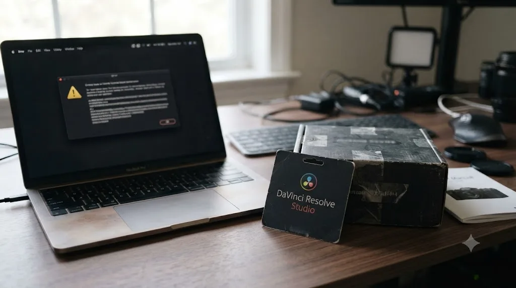 Illustration of a used camera box with an activation key card next to a laptop showing a confusing license error message