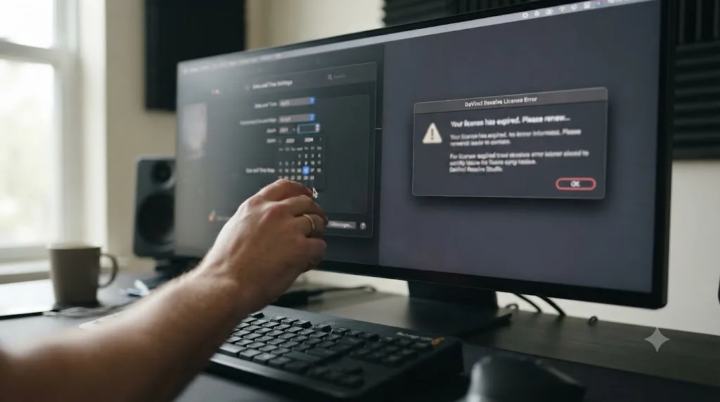 Illustration of a computer date and time settings panel being corrected next to a DaVinci Resolve license error dialog