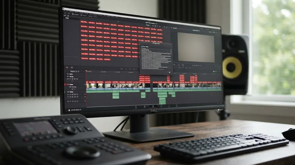 Illustration of a DaVinci Resolve timeline being rebuilt from an AAF export after losing access to the original Studio project