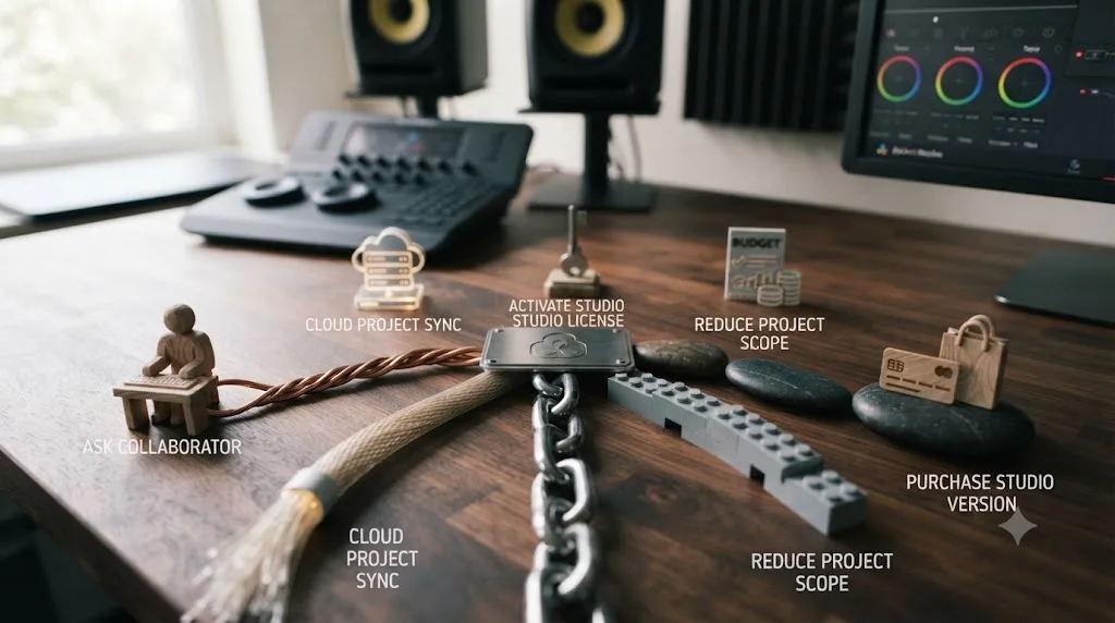 Illustration of a decision path showing options to open a DaVinci Resolve project that requires Studio