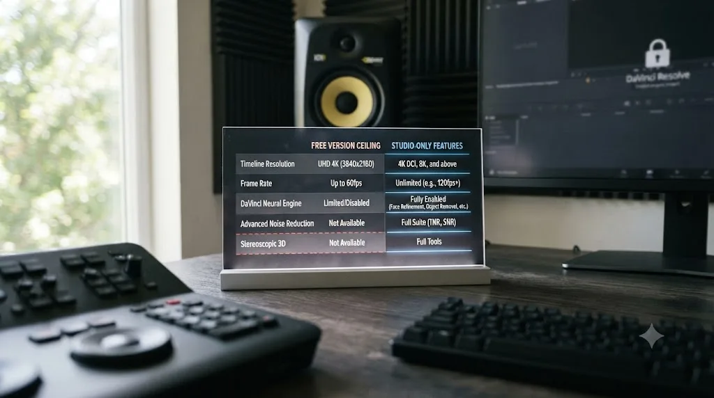 Illustration of a comparison table showing DaVinci Resolve free version ceilings against Studio-only features